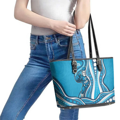 Adelaide Strikers Leather Tote Bag Aboriginal Dot Art Cyan Blue - Tribal Wave Pattern