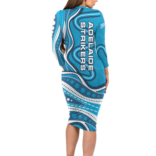 Adelaide Strikers Long Sleeve Bodycon Dress Aboriginal Dot Art Cyan Blue - Tribal Wave Pattern