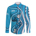 Adelaide Strikers Long Sleeve Button Shirt Aboriginal Dot Art Cyan Blue - Tribal Wave Pattern