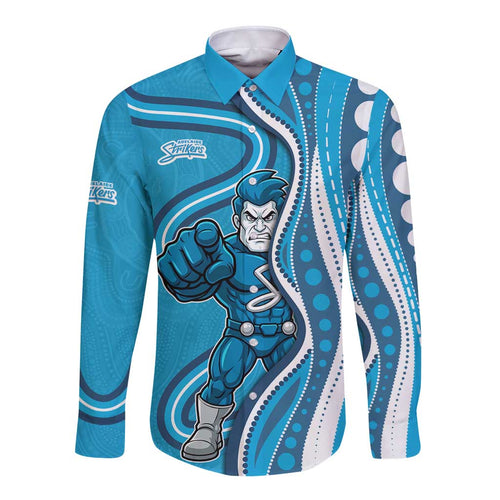 Adelaide Strikers Long Sleeve Button Shirt Aboriginal Dot Art Cyan Blue - Tribal Wave Pattern