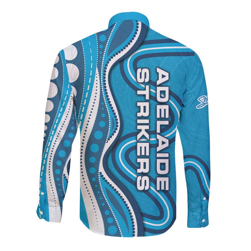 Adelaide Strikers Long Sleeve Button Shirt Aboriginal Dot Art Cyan Blue - Tribal Wave Pattern