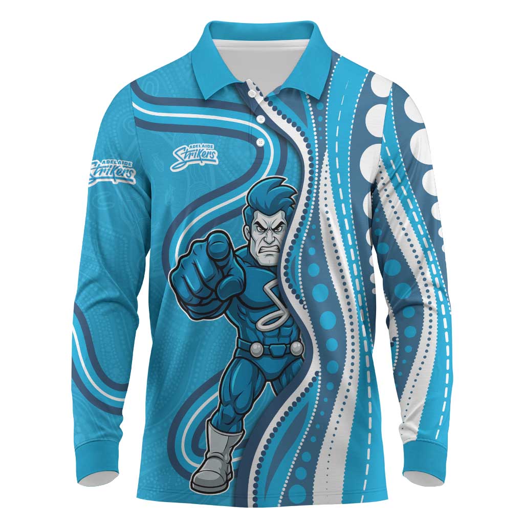 Adelaide Strikers Long Sleeve Polo Shirt Aboriginal Dot Art Cyan Blue - Tribal Wave Pattern
