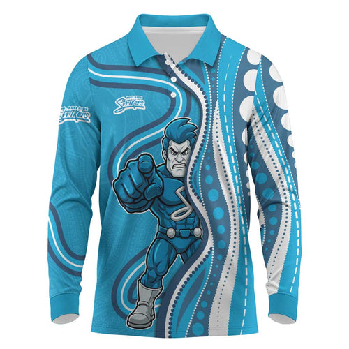 Adelaide Strikers Long Sleeve Polo Shirt Aboriginal Dot Art Cyan Blue - Tribal Wave Pattern