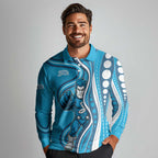 Adelaide Strikers Long Sleeve Polo Shirt Aboriginal Dot Art Cyan Blue - Tribal Wave Pattern
