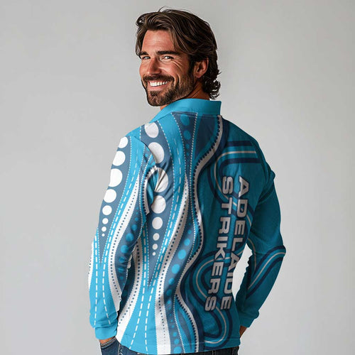 Adelaide Strikers Long Sleeve Polo Shirt Aboriginal Dot Art Cyan Blue - Tribal Wave Pattern