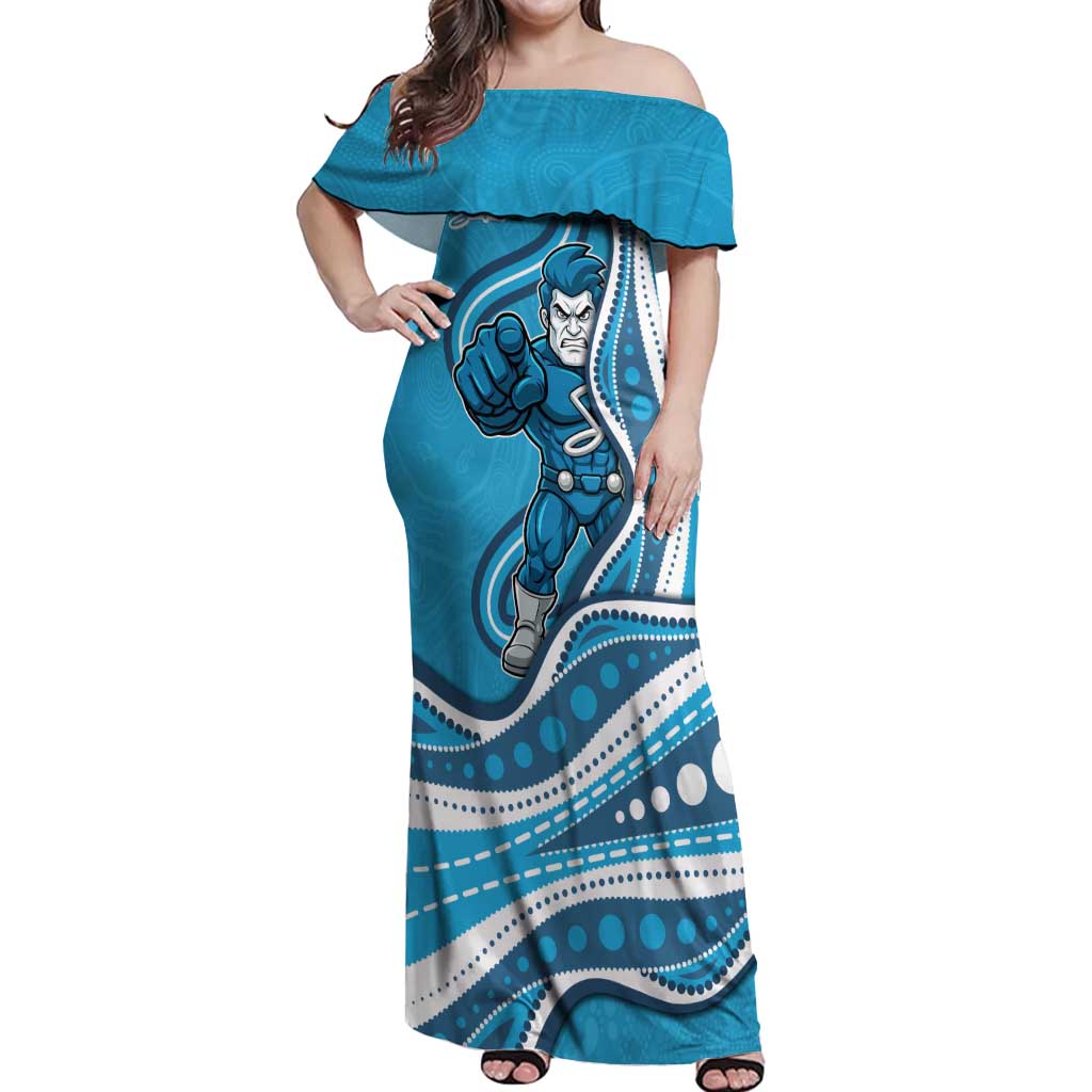 Adelaide Strikers Off Shoulder Maxi Dress Aboriginal Dot Art Cyan Blue - Tribal Wave Pattern