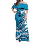 Adelaide Strikers Off Shoulder Maxi Dress Aboriginal Dot Art Cyan Blue - Tribal Wave Pattern