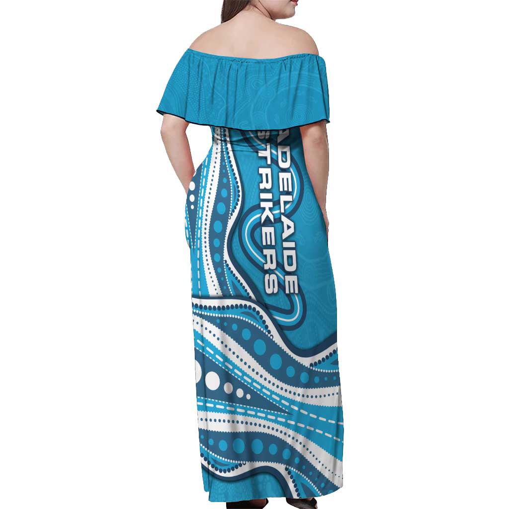 Adelaide Strikers Off Shoulder Maxi Dress Aboriginal Dot Art Cyan Blue - Tribal Wave Pattern