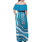 Adelaide Strikers Off Shoulder Maxi Dress Aboriginal Dot Art Cyan Blue - Tribal Wave Pattern