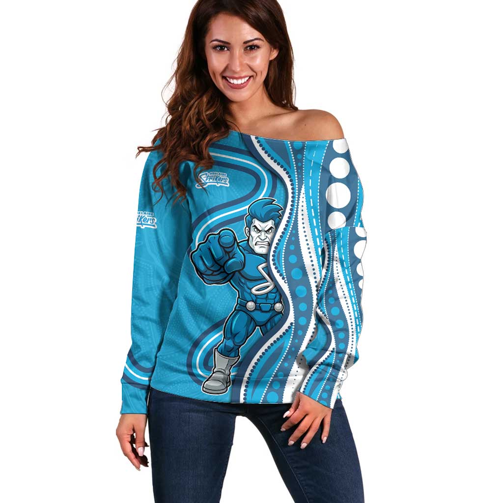 Adelaide Strikers Off Shoulder Sweater Aboriginal Dot Art Cyan Blue - Tribal Wave Pattern