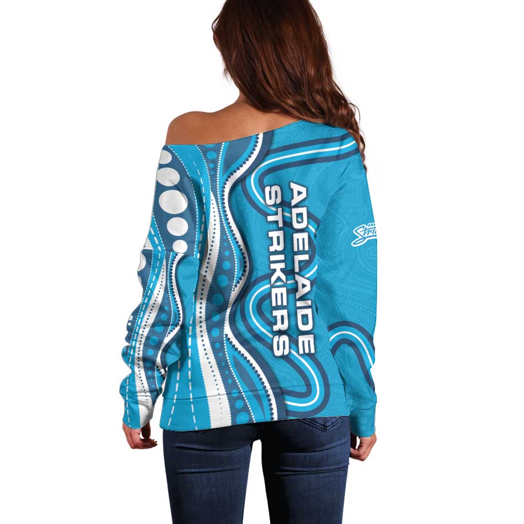 Adelaide Strikers Off Shoulder Sweater Aboriginal Dot Art Cyan Blue - Tribal Wave Pattern