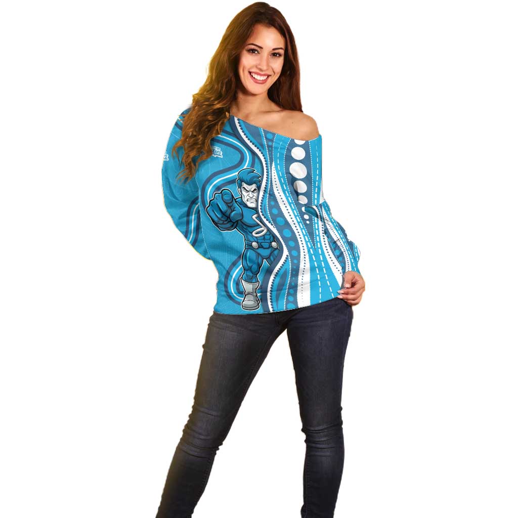 Adelaide Strikers Off Shoulder Sweater Aboriginal Dot Art Cyan Blue - Tribal Wave Pattern