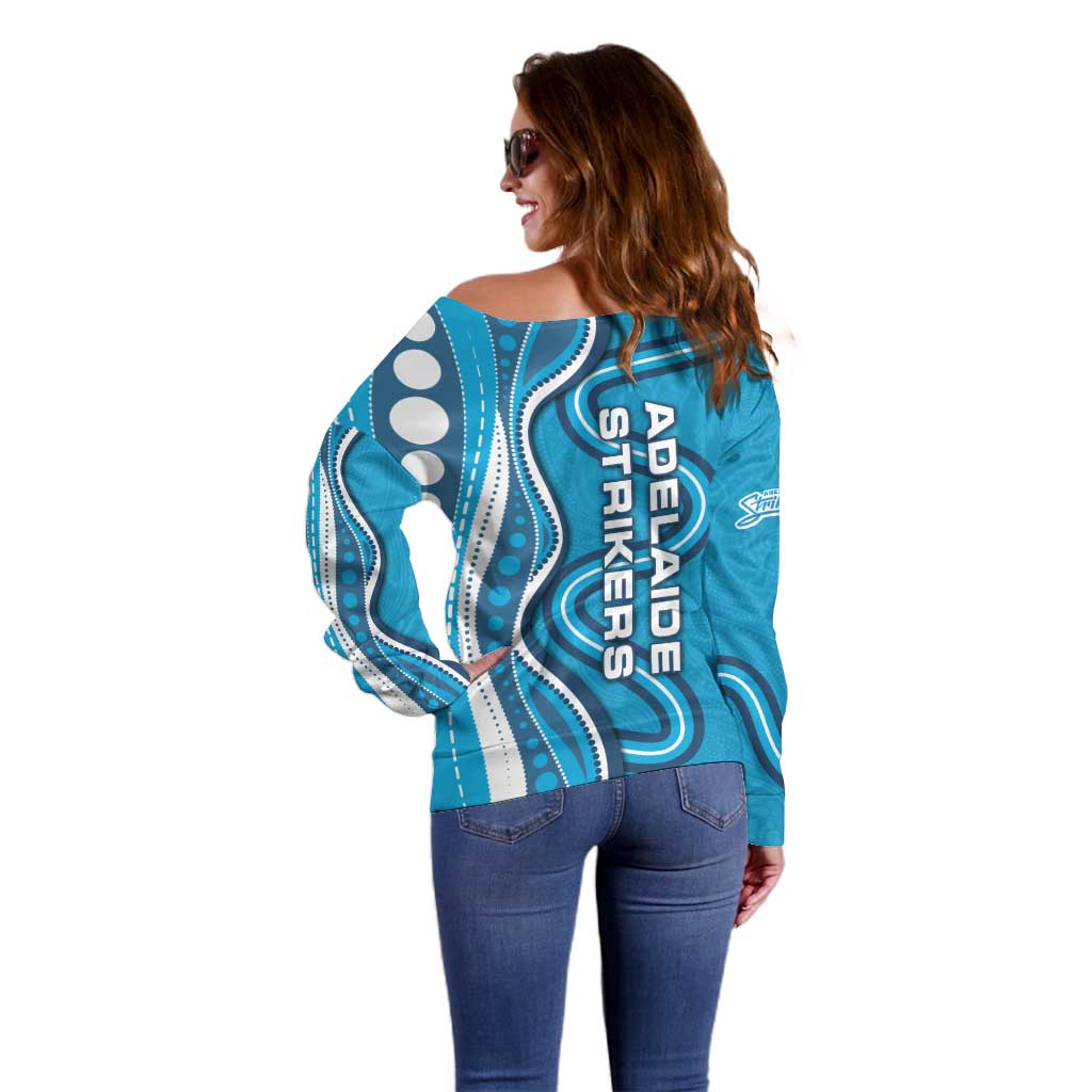 Adelaide Strikers Off Shoulder Sweater Aboriginal Dot Art Cyan Blue - Tribal Wave Pattern