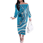 Adelaide Strikers Off The Shoulder Long Sleeve Dress Aboriginal Dot Art Cyan Blue - Tribal Wave Pattern