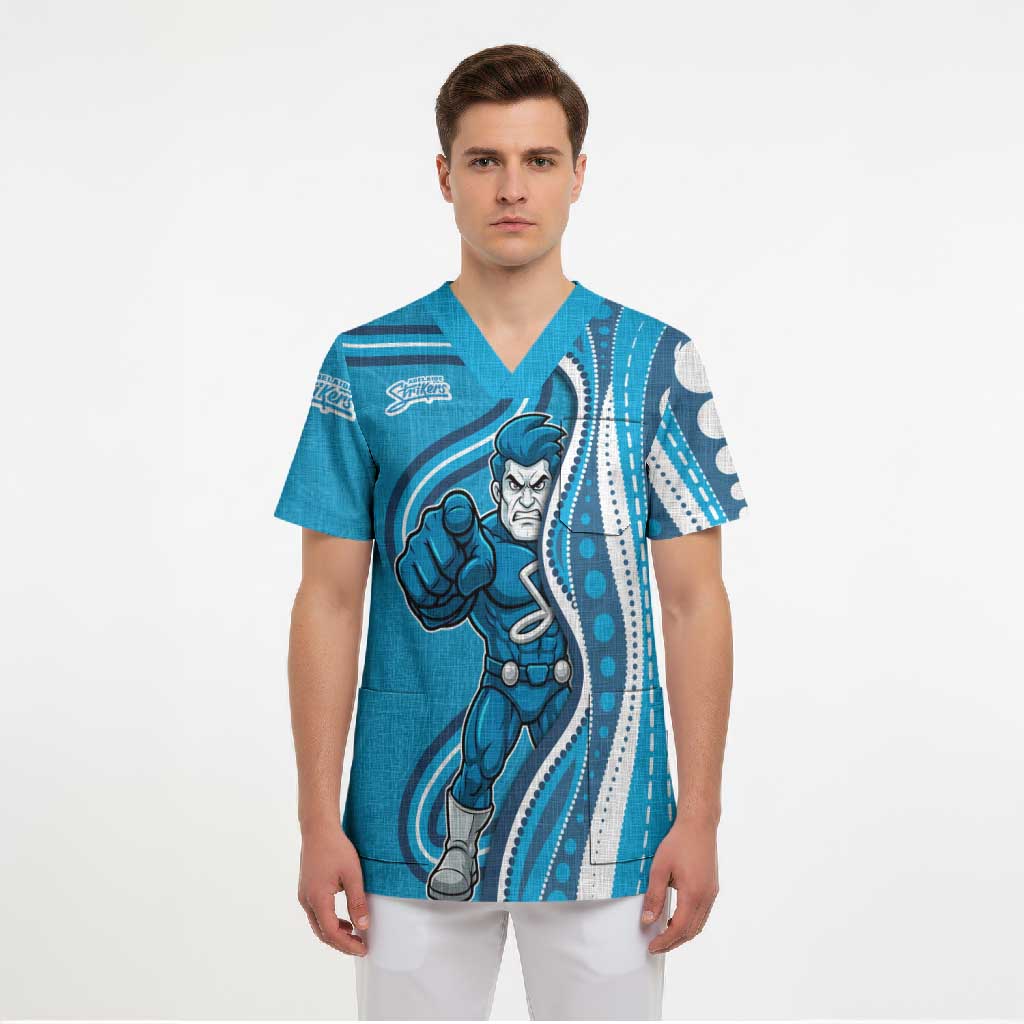 Adelaide Strikers Scrub Top Aboriginal Dot Art Cyan Blue - Tribal Wave Pattern