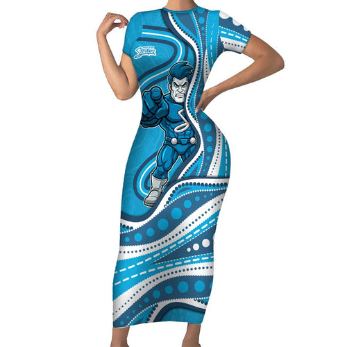 Adelaide Strikers Short Sleeve Bodycon Dress Aboriginal Dot Art Cyan Blue - Tribal Wave Pattern