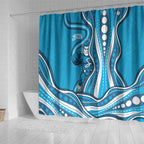 Adelaide Strikers Shower Curtain Aboriginal Dot Art Cyan Blue - Tribal Wave Pattern