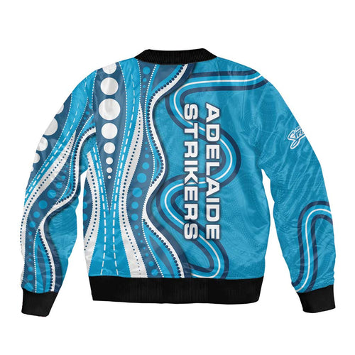 Adelaide Strikers Sleeve Zip Bomber Jacket Aboriginal Dot Art Cyan Blue - Tribal Wave Pattern