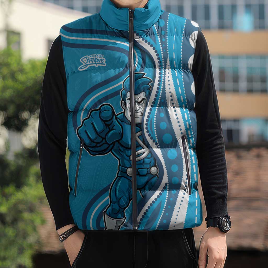 Adelaide Strikers Sleeveless Puffer Jacket Aboriginal Dot Art Cyan Blue - Tribal Wave Pattern