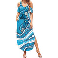 Adelaide Strikers Summer Maxi Dress Aboriginal Dot Art Cyan Blue - Tribal Wave Pattern