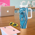 Adelaide Strikers Tumbler With Handle Aboriginal Dot Art Cyan Blue - Tribal Wave Pattern