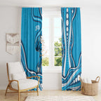 Adelaide Strikers Window Curtain Aboriginal Dot Art Cyan Blue - Tribal Wave Pattern