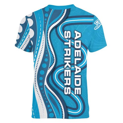 Adelaide Strikers Women V-Neck T-Shirt Aboriginal Dot Art Cyan Blue - Tribal Wave Pattern