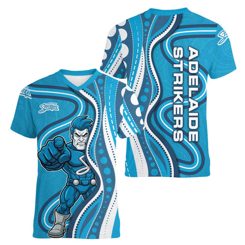 Adelaide Strikers Women V-Neck T-Shirt Aboriginal Dot Art Cyan Blue - Tribal Wave Pattern