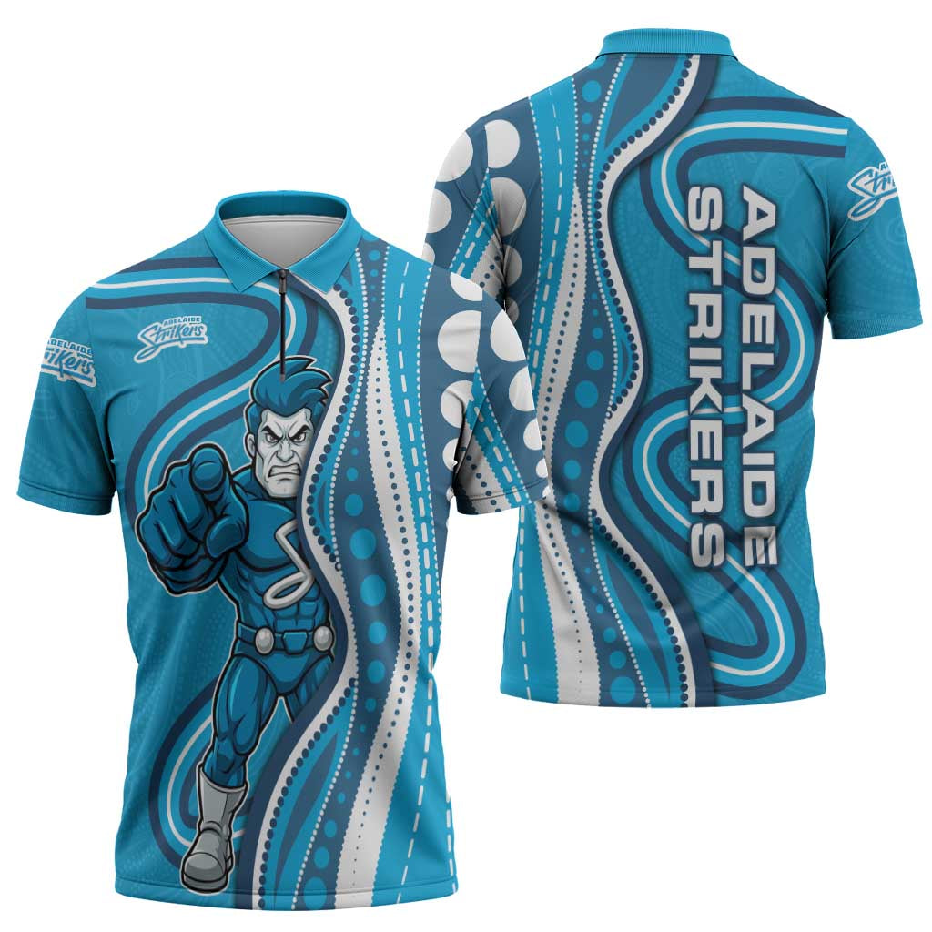 Adelaide Strikers Zipper Polo Shirt Aboriginal Dot Art Cyan Blue - Tribal Wave Pattern