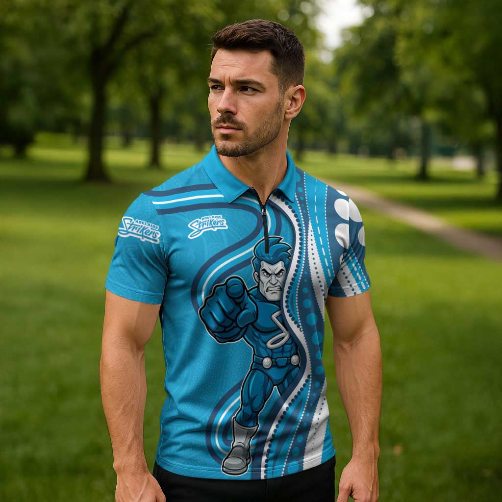 Adelaide Strikers Zipper Polo Shirt Aboriginal Dot Art Cyan Blue - Tribal Wave Pattern