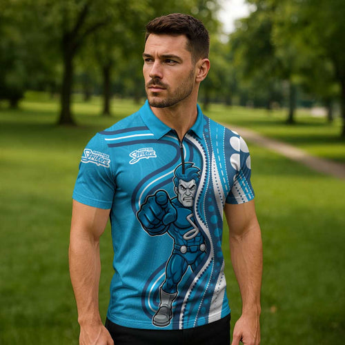 Adelaide Strikers Zipper Polo Shirt Aboriginal Dot Art Cyan Blue - Tribal Wave Pattern