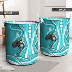 Brisbane Heat Laundry Basket Aboriginal Dot Art Cyan White - Tribal Wave Pattern