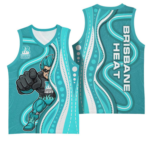 Brisbane Heat Basketball Jersey Aboriginal Dot Art Cyan White - Tribal Wave Pattern