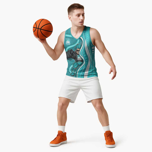 Brisbane Heat Basketball Jersey Aboriginal Dot Art Cyan White - Tribal Wave Pattern