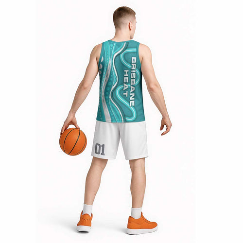 Brisbane Heat Basketball Jersey Aboriginal Dot Art Cyan White - Tribal Wave Pattern