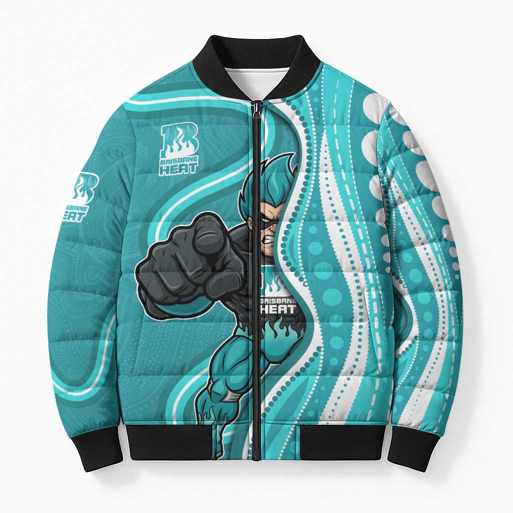 Brisbane Heat Bomber Puffer Jacket Aboriginal Dot Art Cyan White - Tribal Wave Pattern