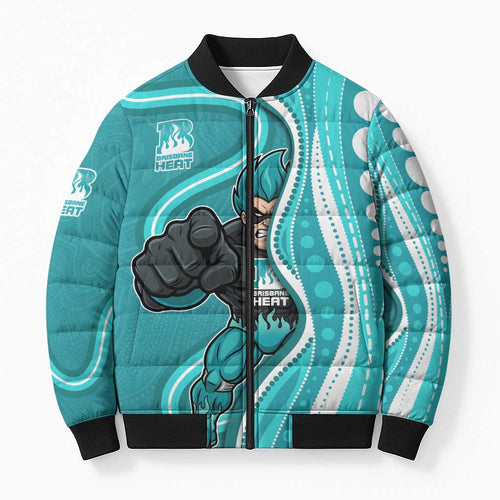 Brisbane Heat Bomber Puffer Jacket Aboriginal Dot Art Cyan White - Tribal Wave Pattern