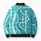 Brisbane Heat Bomber Puffer Jacket Aboriginal Dot Art Cyan White - Tribal Wave Pattern