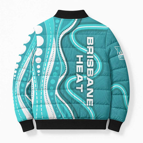 Brisbane Heat Bomber Puffer Jacket Aboriginal Dot Art Cyan White - Tribal Wave Pattern
