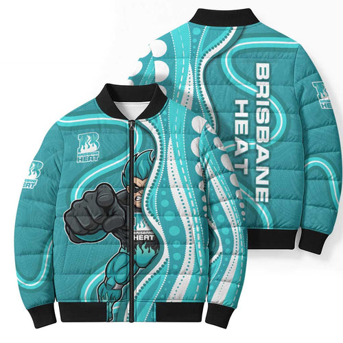 Brisbane Heat Bomber Puffer Jacket Aboriginal Dot Art Cyan White - Tribal Wave Pattern