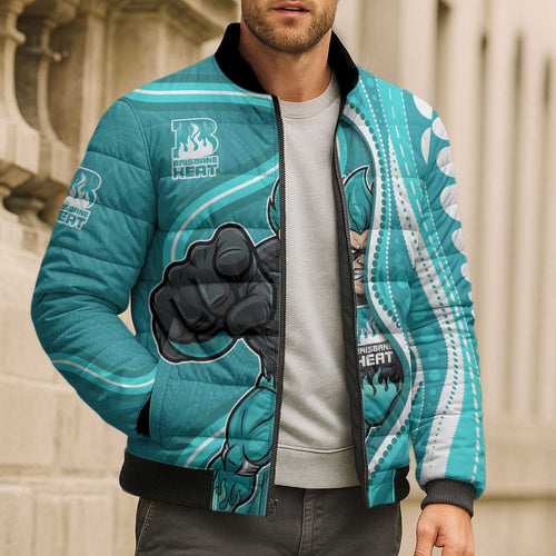 Brisbane Heat Bomber Puffer Jacket Aboriginal Dot Art Cyan White - Tribal Wave Pattern