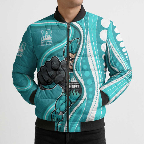 Brisbane Heat Bomber Puffer Jacket Aboriginal Dot Art Cyan White - Tribal Wave Pattern