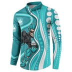 Brisbane Heat Button Sweatshirt Aboriginal Dot Art Cyan White - Tribal Wave Pattern