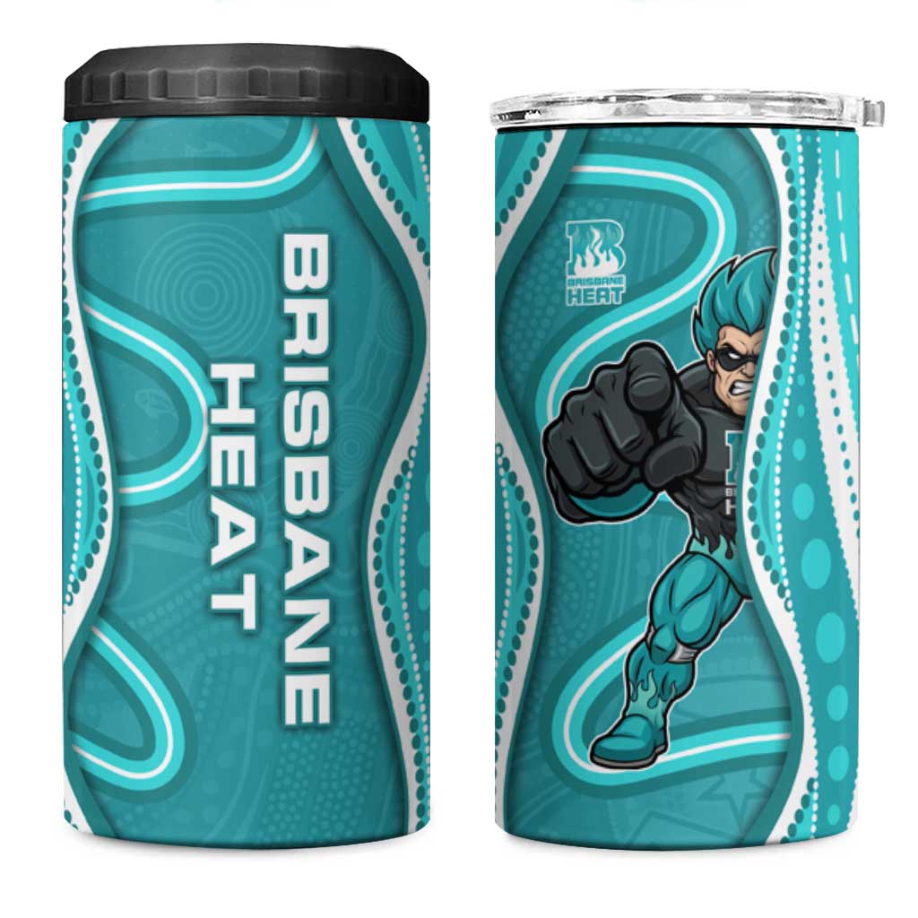 Brisbane Heat 4 in 1 Can Cooler Tumbler Aboriginal Dot Art Cyan White - Tribal Wave Pattern