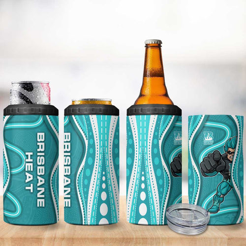 Brisbane Heat 4 in 1 Can Cooler Tumbler Aboriginal Dot Art Cyan White - Tribal Wave Pattern