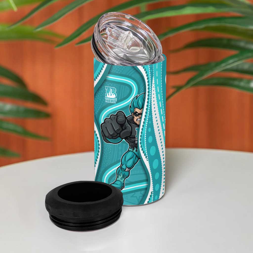 Brisbane Heat 4 in 1 Can Cooler Tumbler Aboriginal Dot Art Cyan White - Tribal Wave Pattern