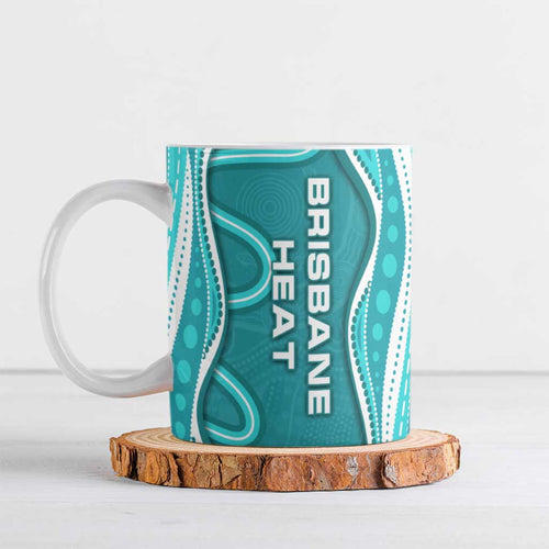 Brisbane Heat Ceramic Mug Aboriginal Dot Art Cyan White - Tribal Wave Pattern