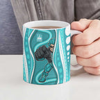 Brisbane Heat Ceramic Mug Aboriginal Dot Art Cyan White - Tribal Wave Pattern