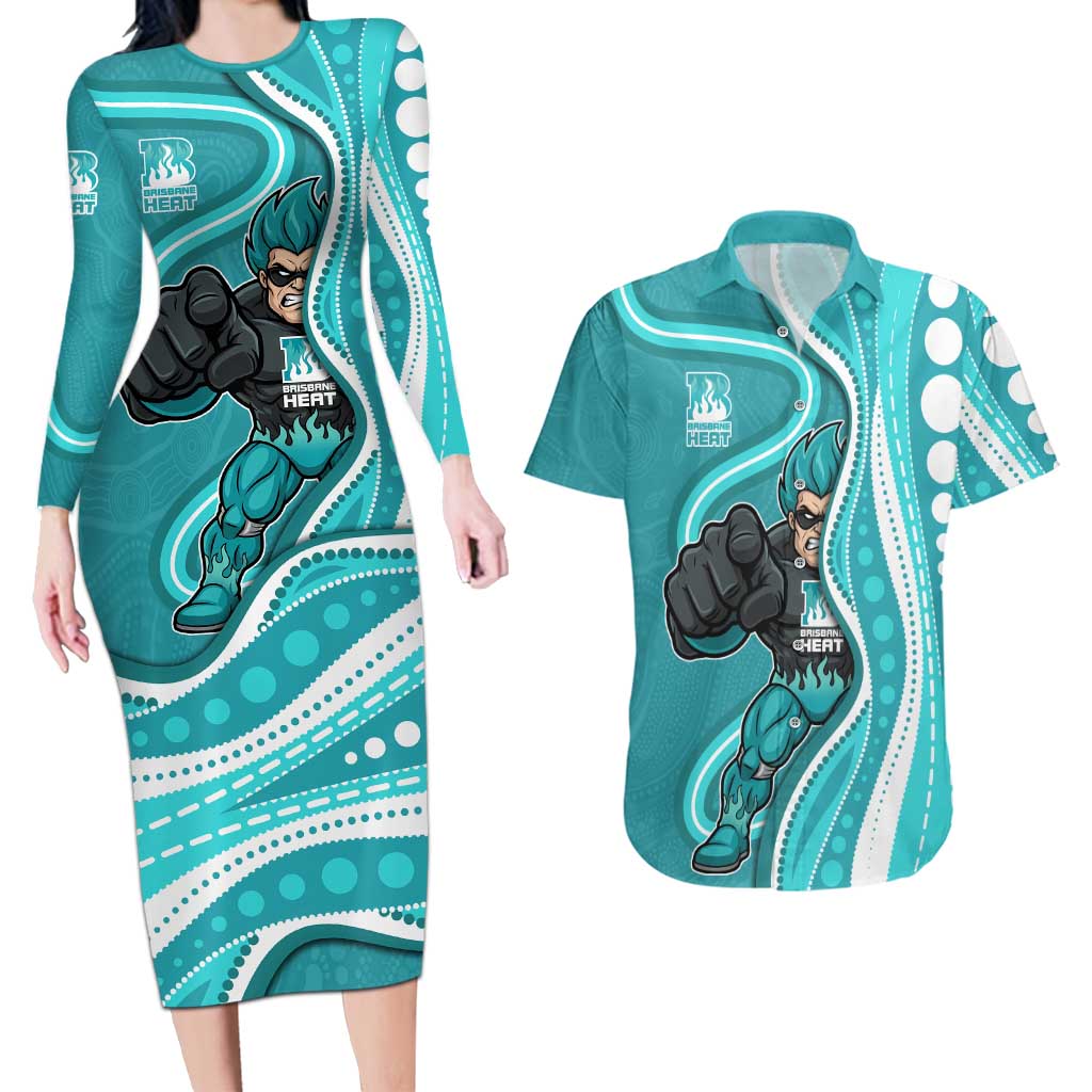 Brisbane Heat Couples Matching Long Sleeve Bodycon Dress and Hawaiian Shirt Aboriginal Dot Art Cyan White - Tribal Wave Pattern