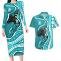 Brisbane Heat Couples Matching Long Sleeve Bodycon Dress and Hawaiian Shirt Aboriginal Dot Art Cyan White - Tribal Wave Pattern